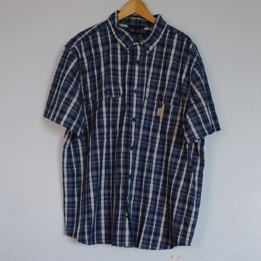 Carhartt Men’s Size 2XL Casual Button Down Plaid Shirt 100% Cotton Blue White